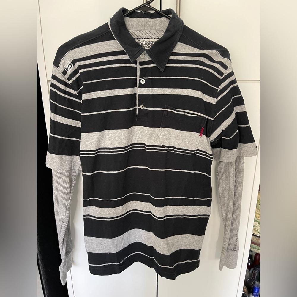 Men’s Navy Blue Striped Billabong Long Sleeve Waffle Polo Shirt Size Small S